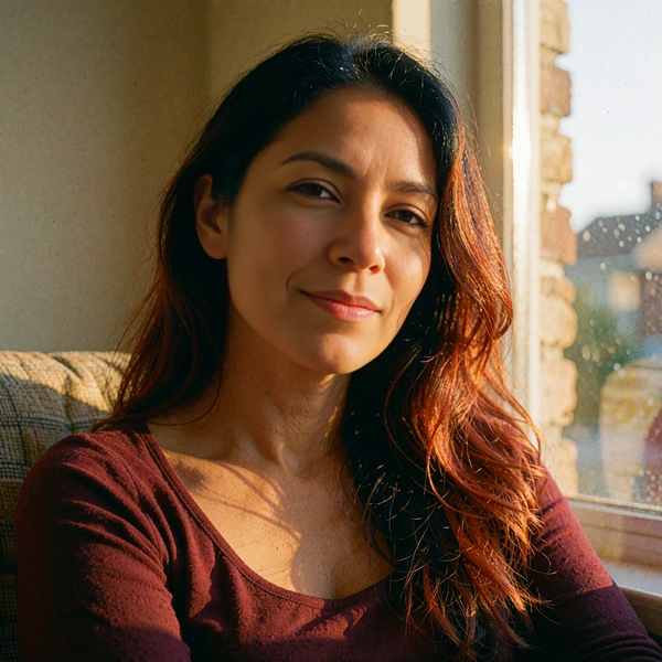 Latina woman in a burgundy top by a sunlit window, avatar for a sample opener about faith and community events