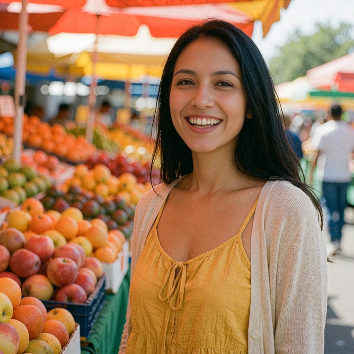 Latina woman with long black hair smiling brightly at an outdoor market, illustrative image for Latina dating apps