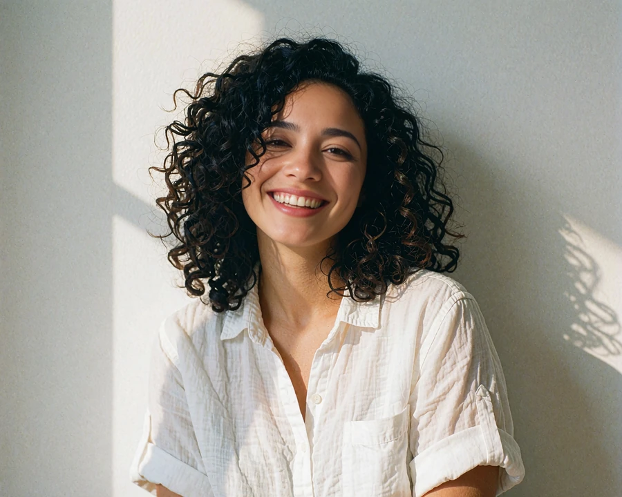 Illustrative sample profile of a young Latina woman with curly hair and a white shirt smiling in a bright apartment