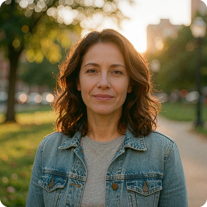 Warm-smiling Latina woman around forty in a denim jacket in a city park at golden hour, illustrative dating photo