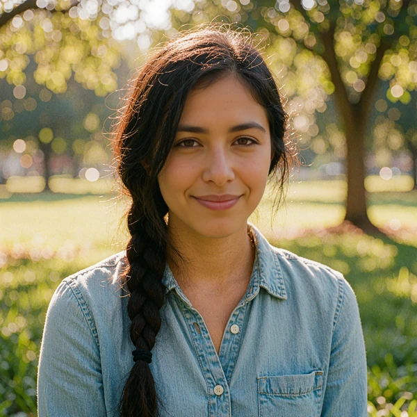 Young Latina woman with a side braid and chambray shirt in a park, avatar for a sample opener about bachata dancing