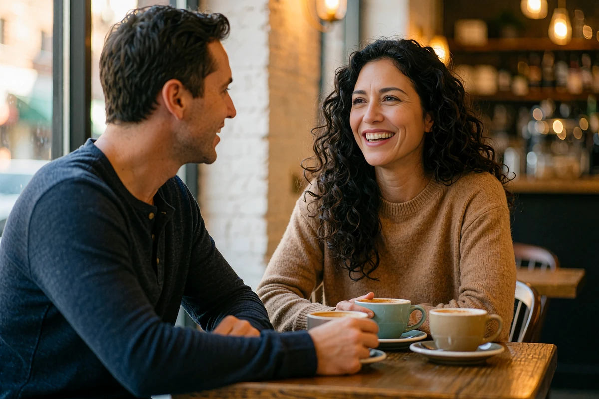 Latina woman with long dark curls laughing across a café table with a man, illustrative photo for respectful dating tips