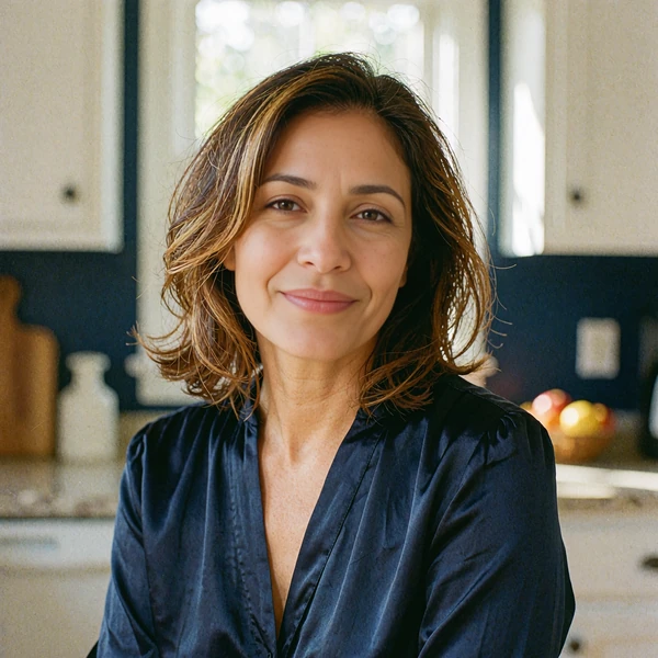 Latina woman in a navy blouse in a bright morning kitchen, avatar for a sample opener about Sunday family dinners