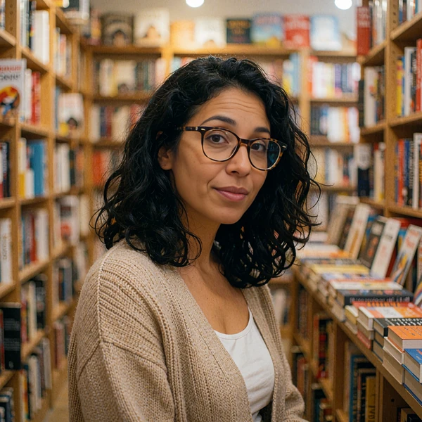 Latina woman wearing tortoiseshell glasses in a cozy bookstore, avatar for a sample opener about favorite books