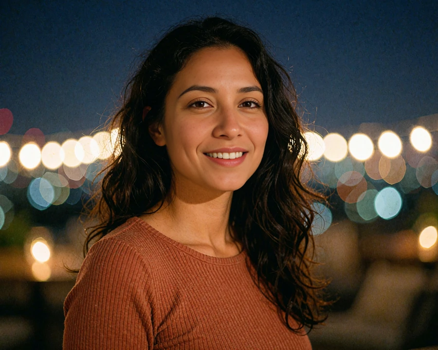 Illustrative sample dating profile photo of a Latina woman in a terracotta knit top on a rooftop terrace at dusk