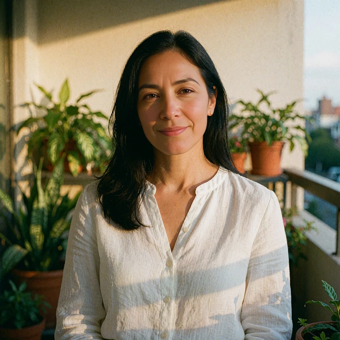 Confident Latina woman in a white linen blouse on a sunny apartment balcony, illustrative photo for Latin dating