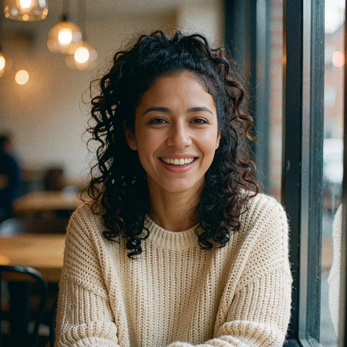 Latina woman with curly hair in a cream knit sweater laughing by a café window, illustrative Latina dating site photo