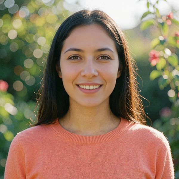 Latina woman in a coral sweater smiling in a garden, avatar for a sample first message about food and family recipes