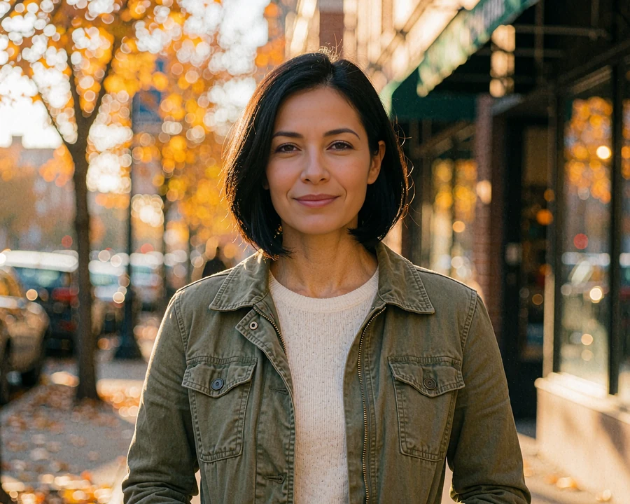 Sample Latina dating profile photo of a woman in her forties with a dark bob and olive jacket on an autumn street