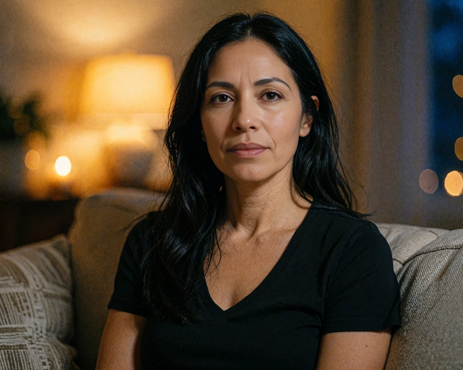 Sample profile photo of a Latina woman in a black t-shirt relaxing at home in warm lamp light for a dating card