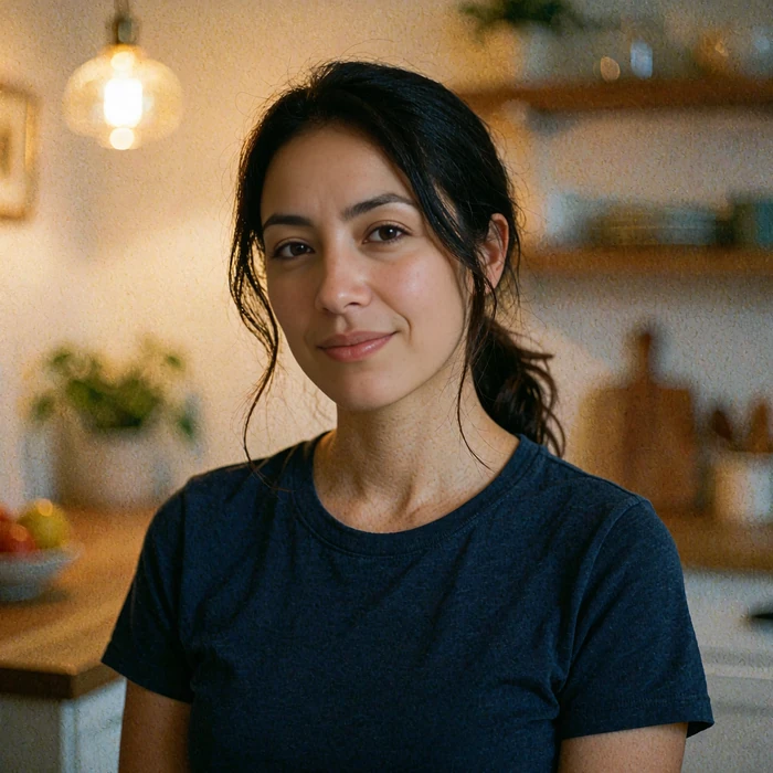 Latina woman in a navy t-shirt smiling softly in a cozy home kitchen at night, illustrative online dating photo